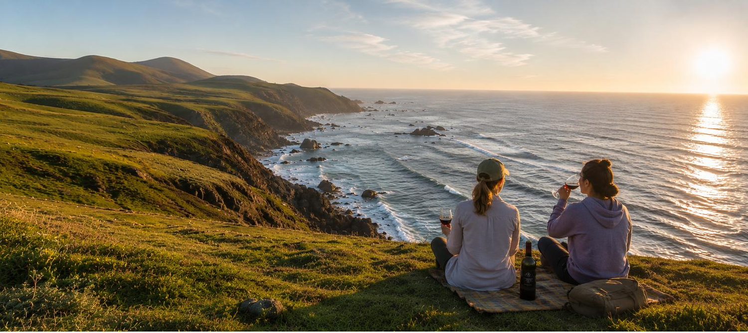 Two friends sharing a glass of Cazadero wine at sunset on the Jenner headlands